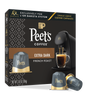 Peet's Coffee Extra Dark French Roast single-serve coffee capsules packaging with a coffee machine and cup on a white background.