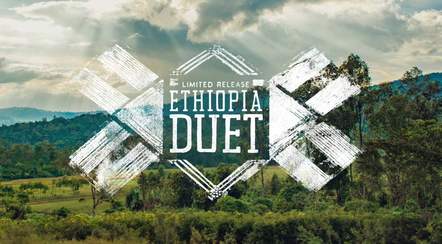 Peet's Ethiopia Duet logo over green landscape