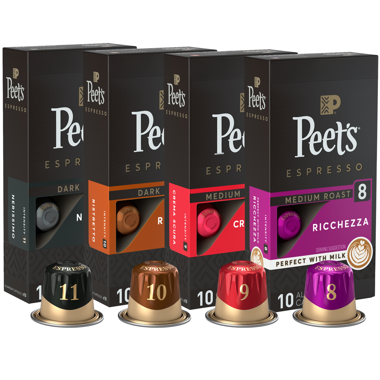 Peet's dark brown packaging indicating an intense espresso blend