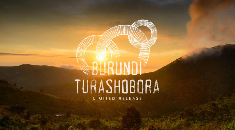 Peet's Coffee Burundi Turashobora logo over a mountainous sunset landscape