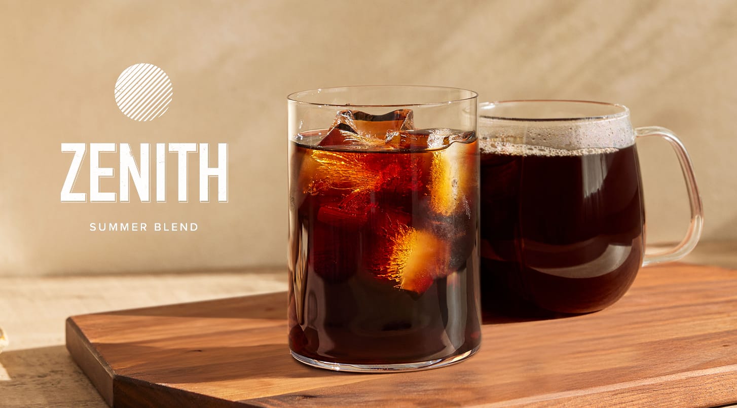 Zenith Summer blend coffee in a pitcher and glass over ice. 