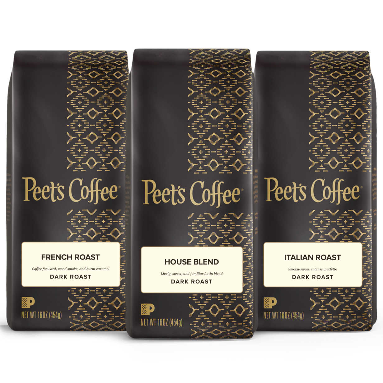 Peet's Coffee Dark roast Bundle - 3 brown 16 oz bags of French Roast, House Blend and Italian Roast Coffees
