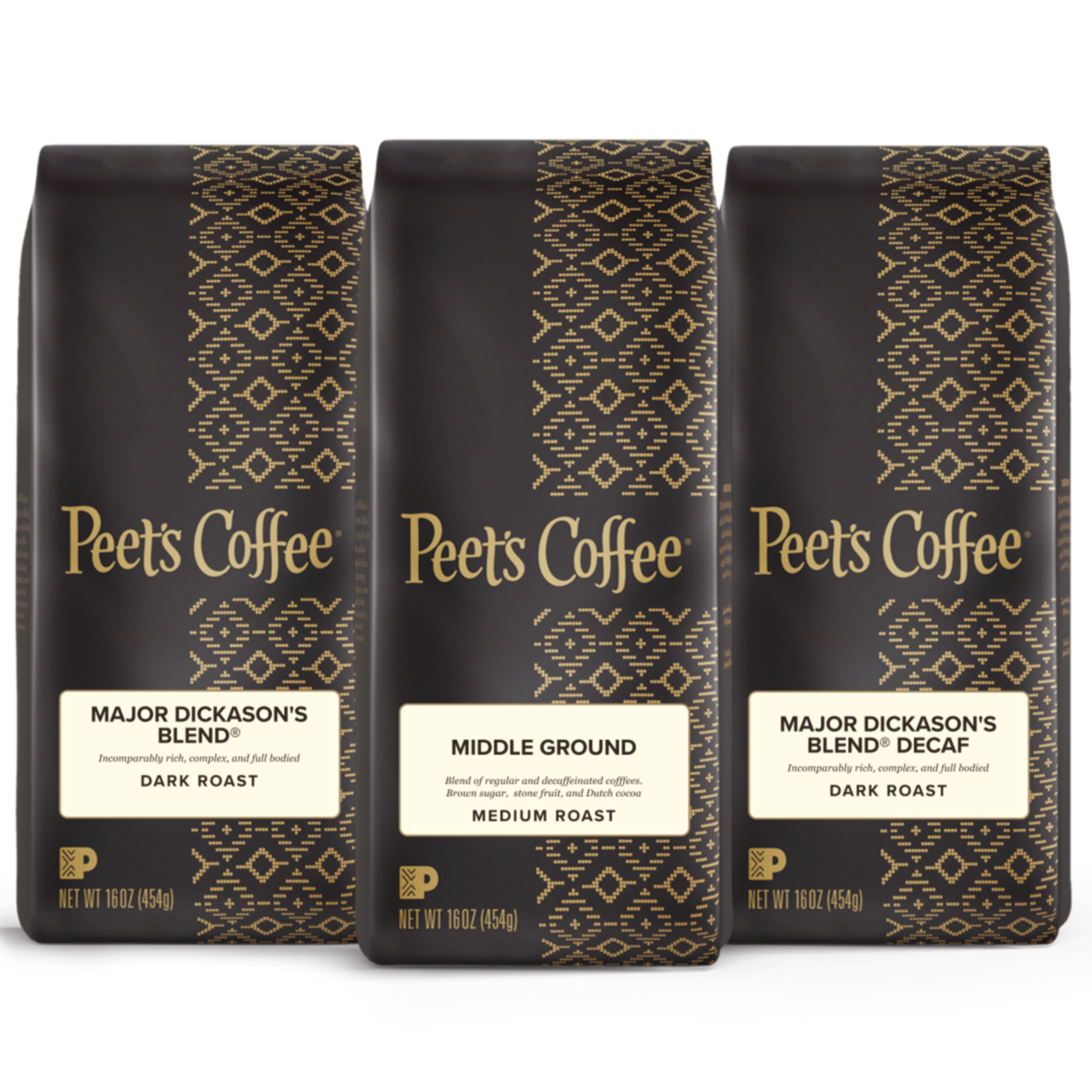 Peet's Coffee Coffee All Day Bundle. Major Dickason's Blend, Middle Ground and Major Dickason's Blend Decaf in 16 oz coffee bags