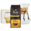 Peet's Coffee Pour Over Starter Kit. Chemex bonded filters, Off the Grid 16 oz coffee beans and an 8-cup chemex pour over brewer. 