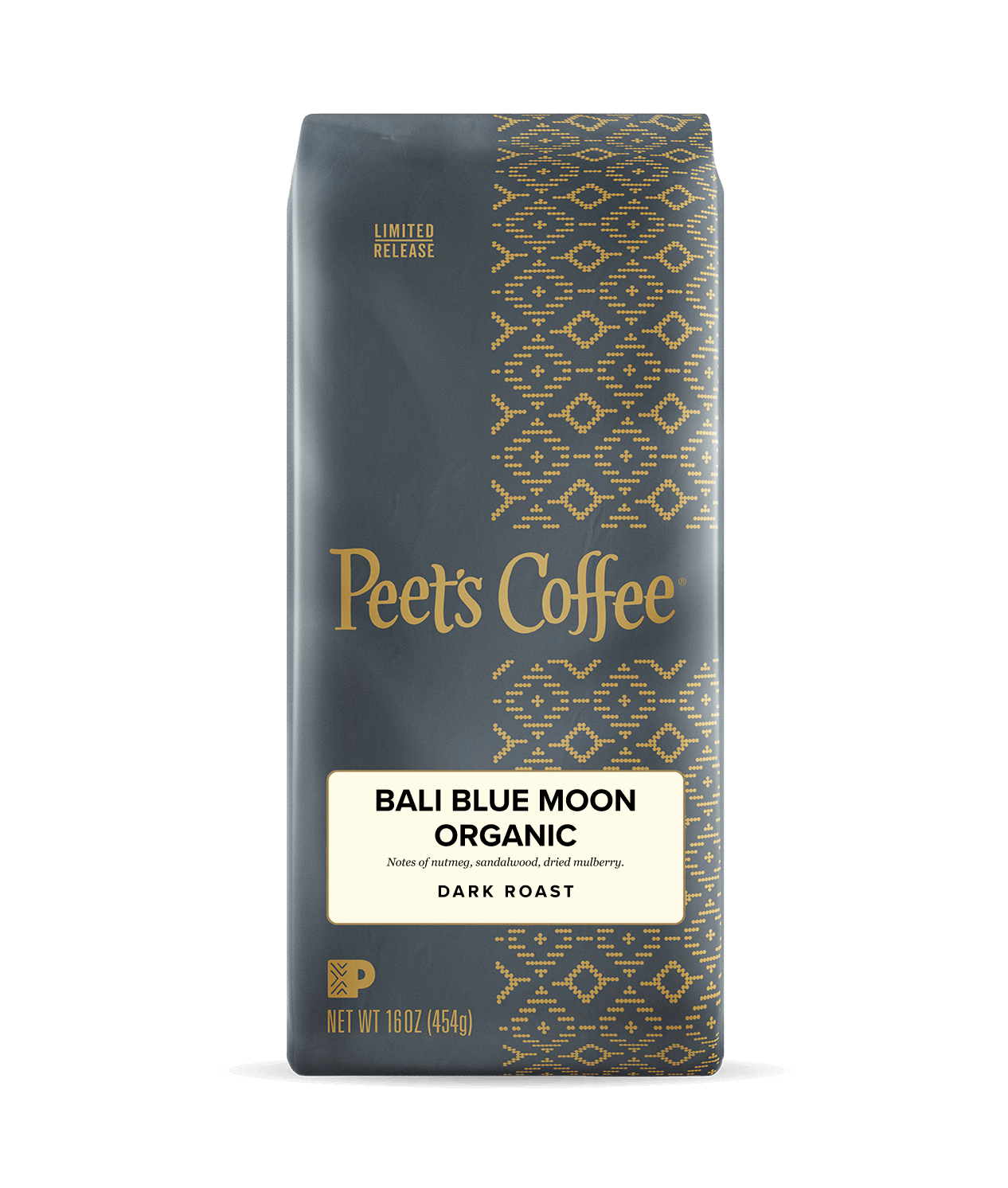 Peet's Coffee Bali Blue Moon Organic coffee  in a 16oz package cream background