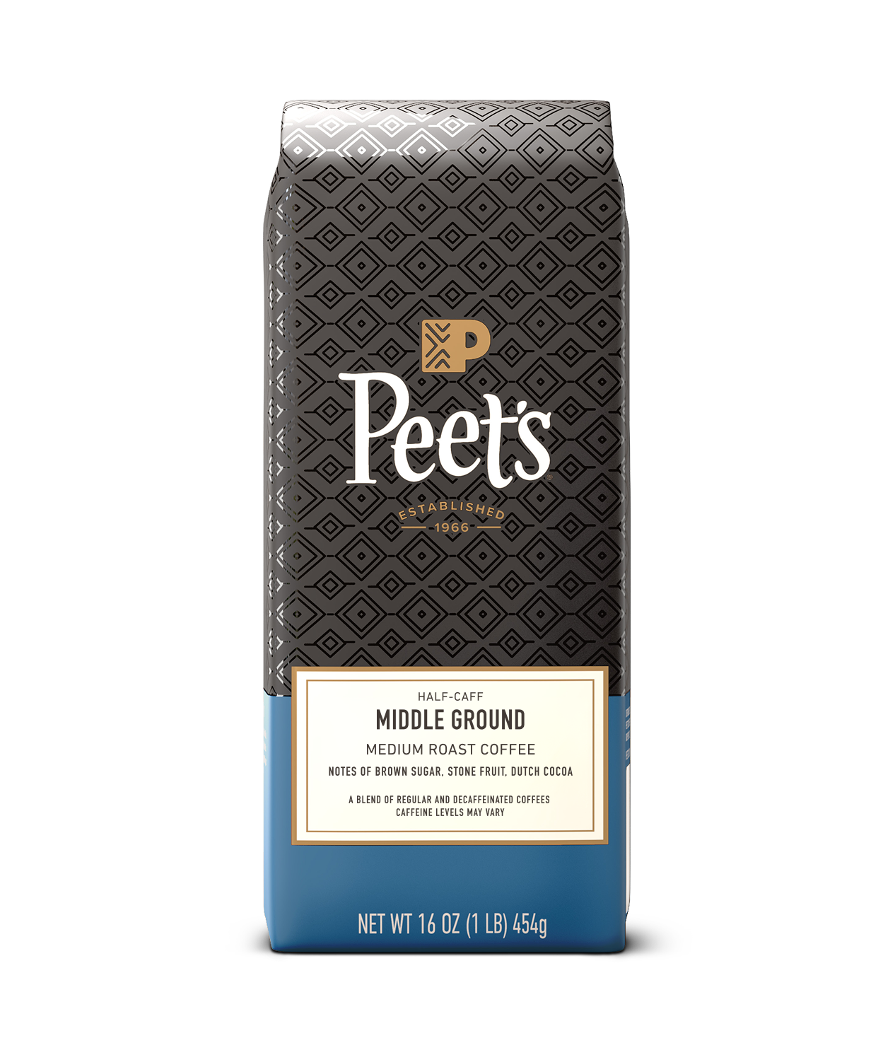 Peet's Coffee Middle Ground medium roast half-caff coffee 16 oz coffee in a blue bag