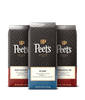 Three Peet's coffee bags with different flavors on a black background