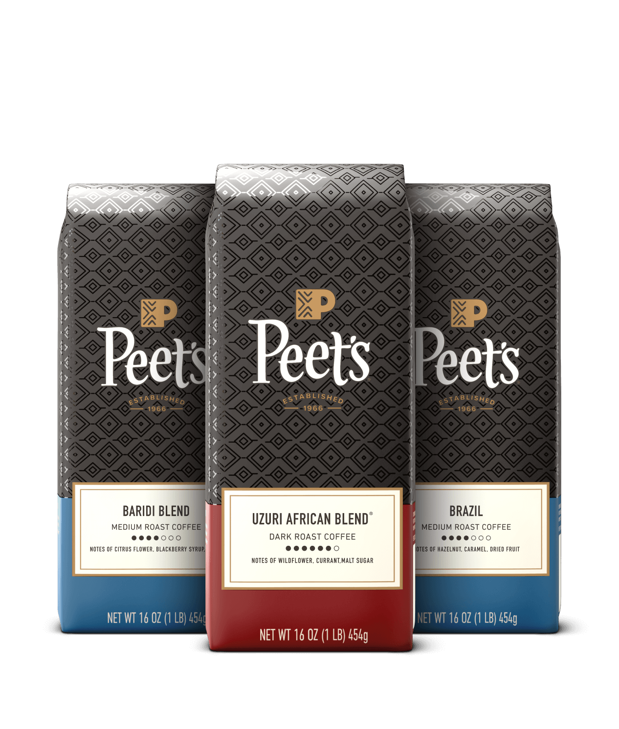 Three Peet's coffee bags with different blends on a black background