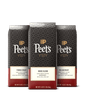Three Peet's coffee bags with different roast types on a black background