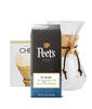 Peet's Coffee Pour Over Starter Kit. Chemex bonded filters, Off the Grid 16 oz coffee beans and an 8-cup chemex pour over brewer. 