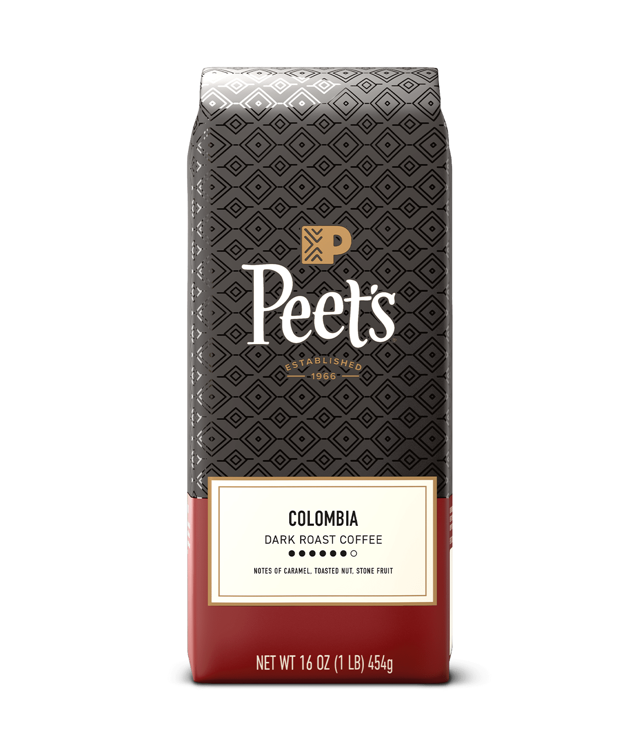 Peet's coffee bag with a geometric pattern on a green background
