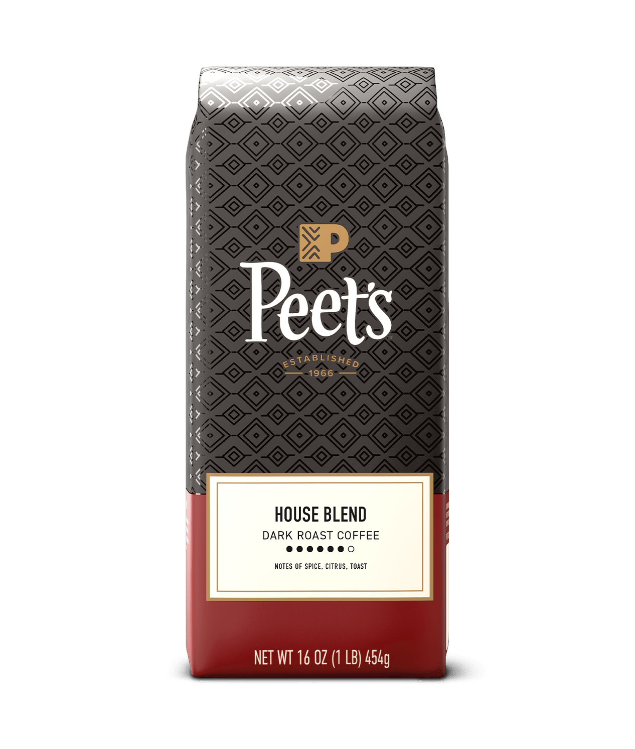 Peet's House Blend coffee bag with black and red design on a green background