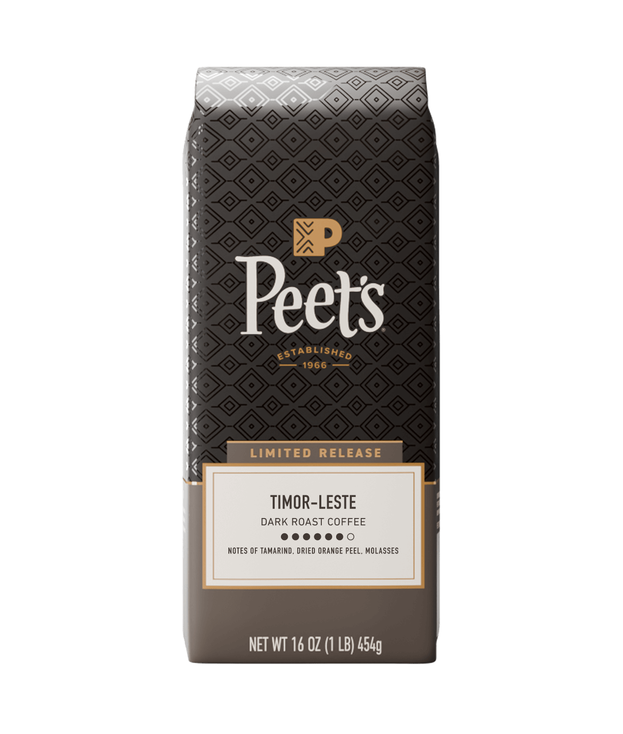 Peet's coffee bag with 'Timor-Leste' label on a white background