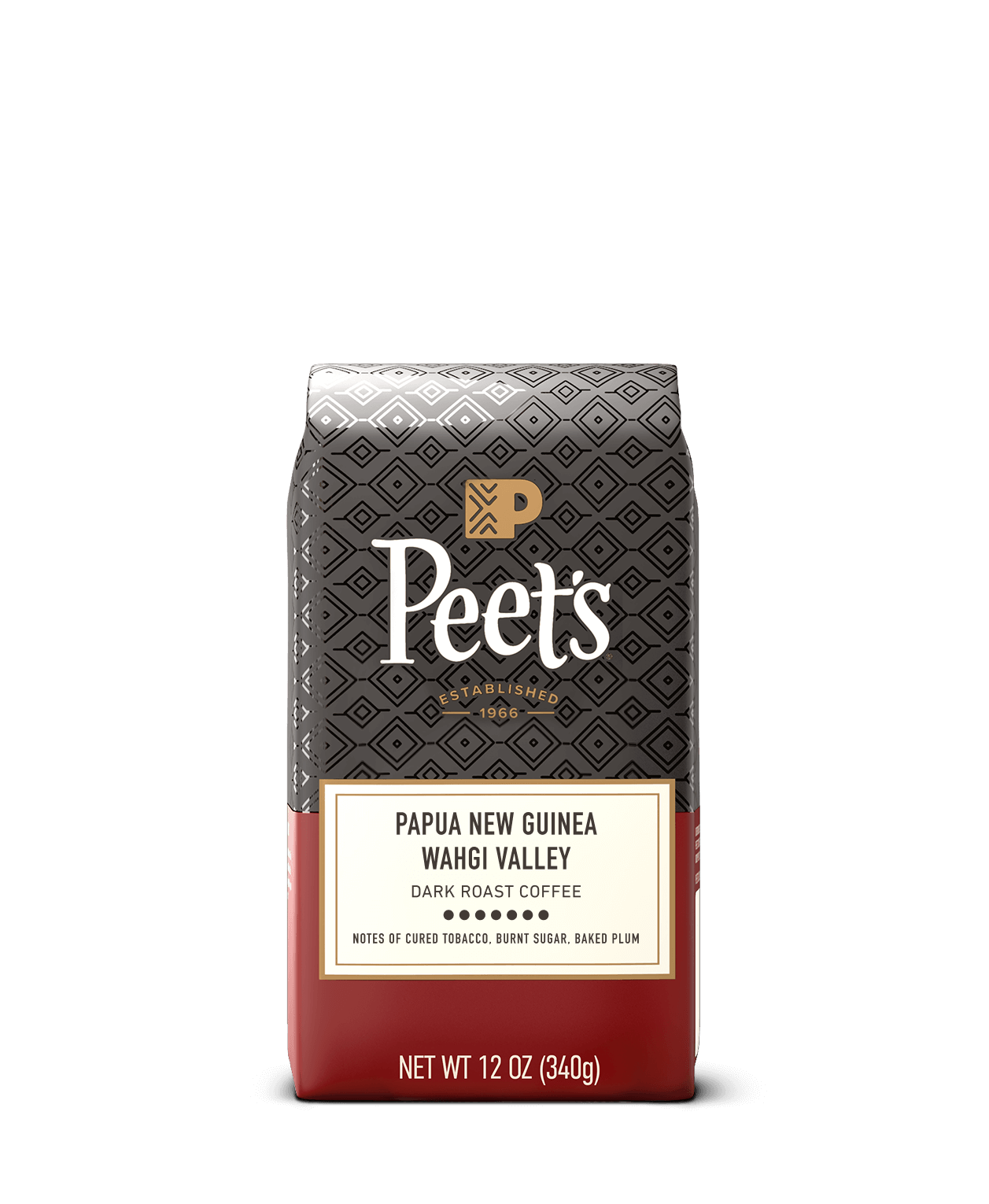 Peet's coffee bag with detailed branding and product information on a black background