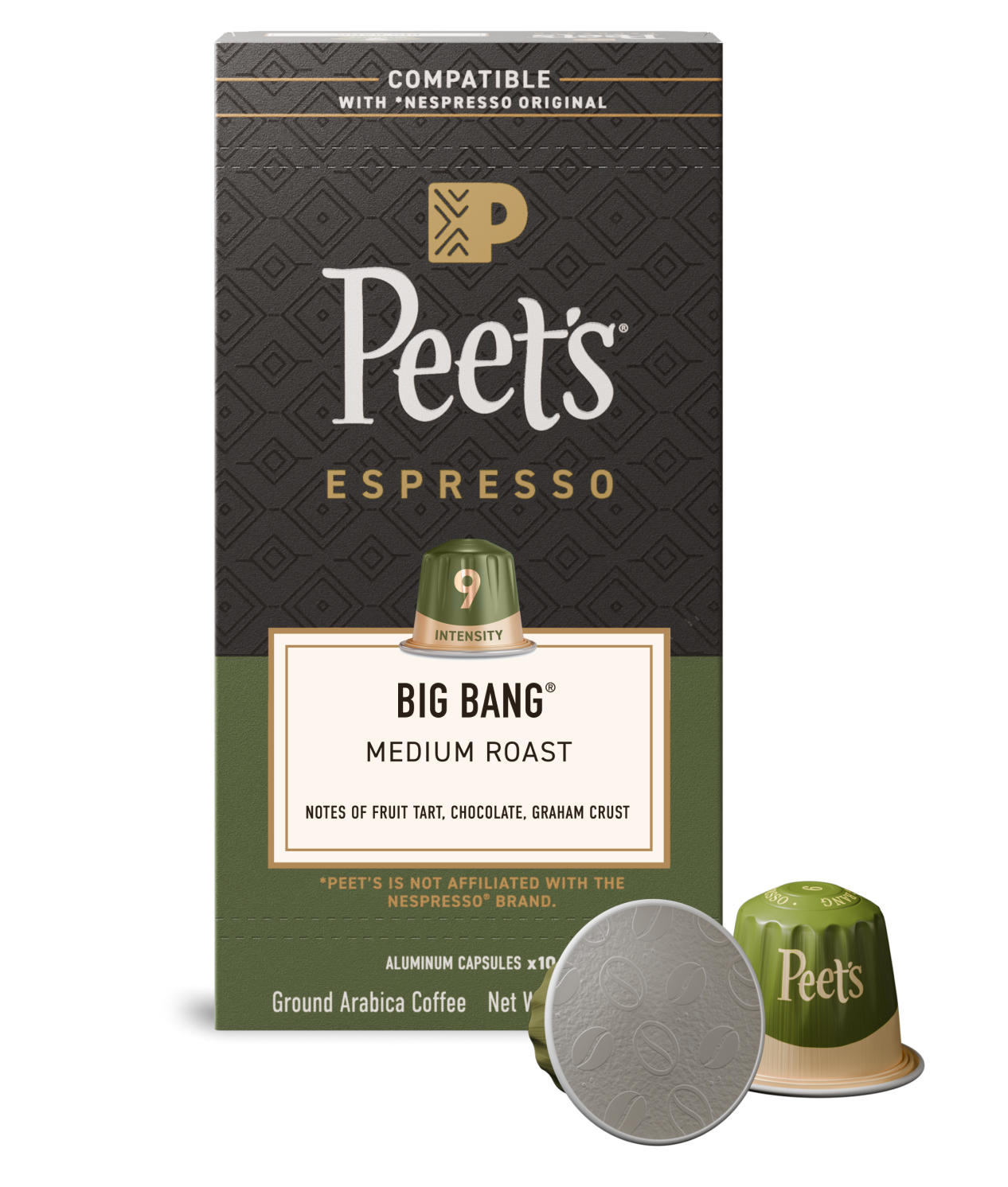 Peet's Espresso Big Bang coffee capsule packaging with a green and brown design.