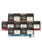 A set of Peets coffee pods in various dark boxes with different flavor labels, arranged on a white background with two individual pods in front.