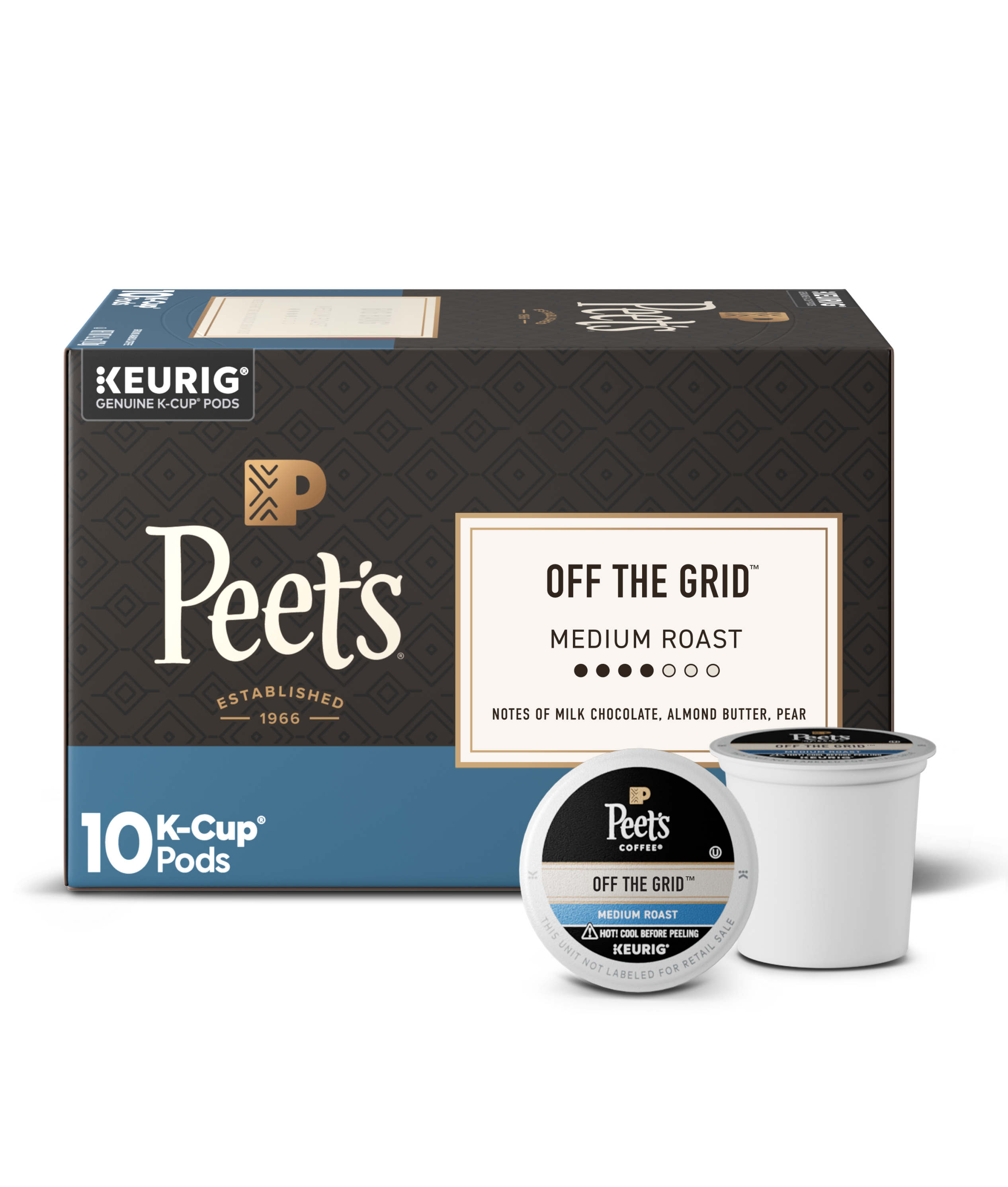 Box of Peet's Cafe Domingo K-Cup pods with two pods on a white background