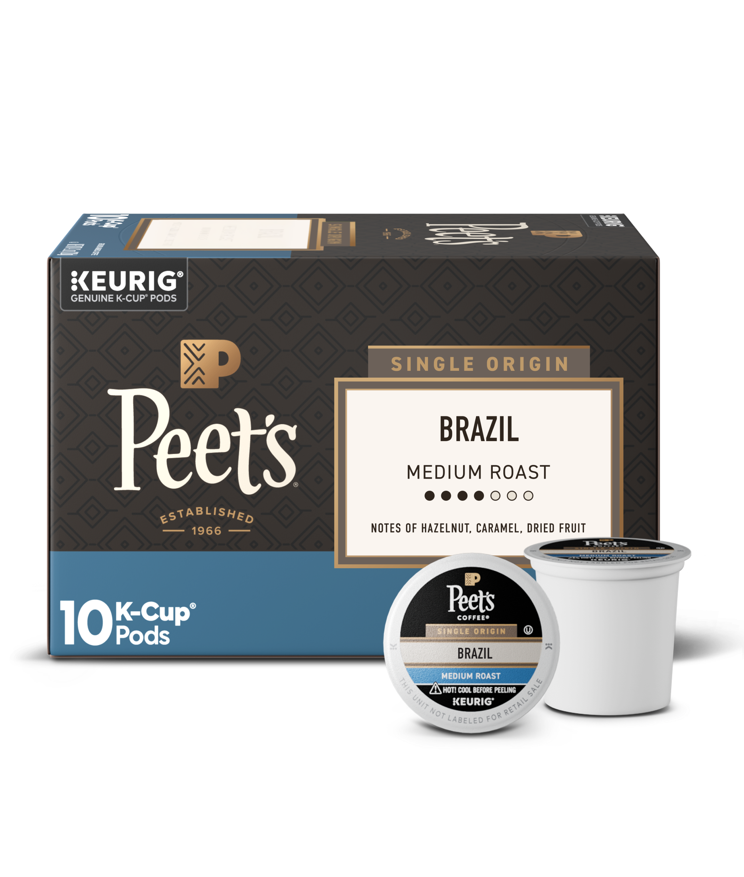 Peet's Decaf Especial K-Cup pods packaging with a single pod on a white background