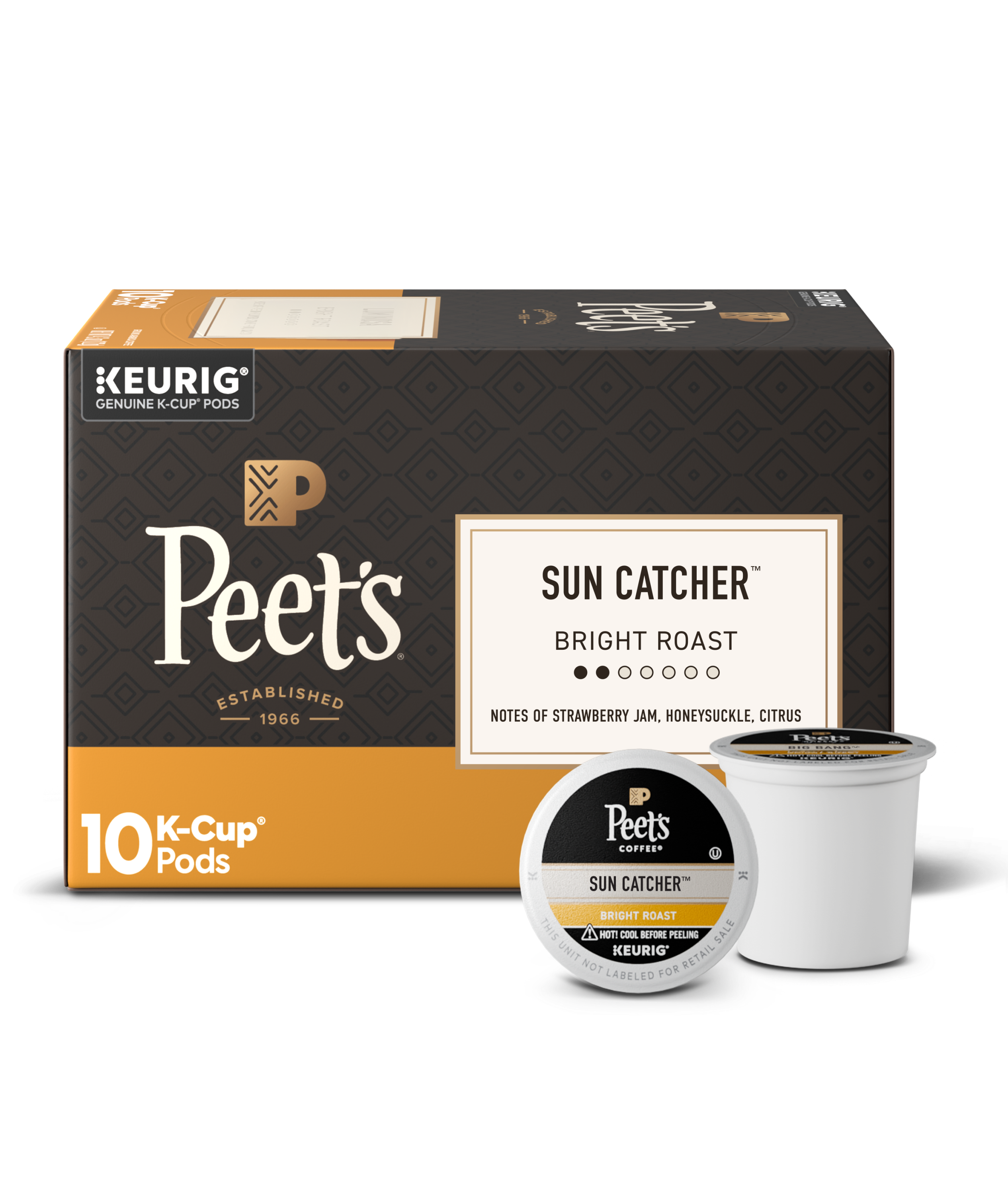Box of Peet's Luminosa K-Cup pods with a single pod on a white background