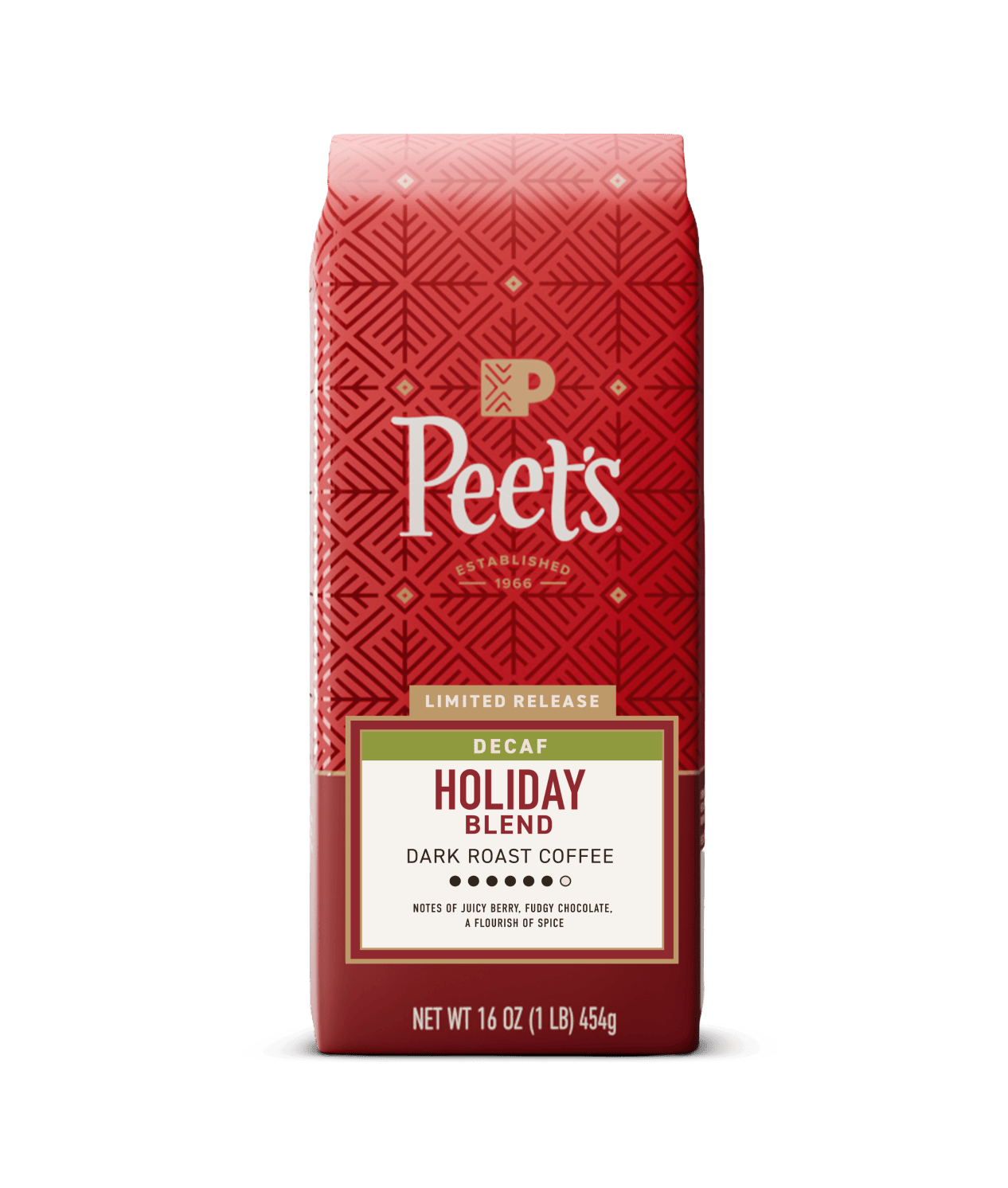 A red Peet's Decaf Holiday Blend dark roast coffee bag on a clean white background.