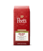 A red Peet's Decaf Holiday Blend dark roast coffee bag on a clean white background.