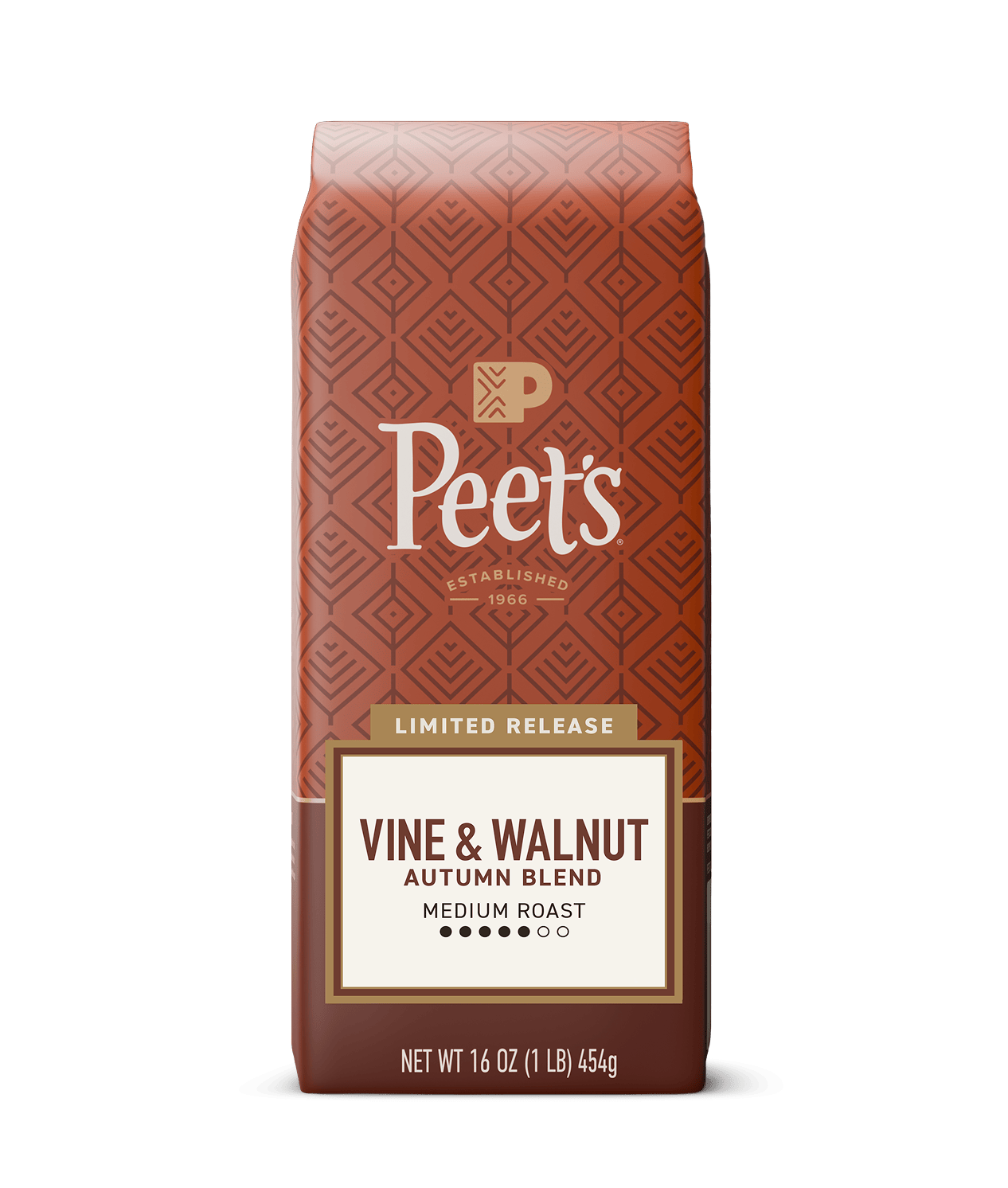 Peet's Vine & Walnut Autumn Blend coffee bag in a limited release medium roast, 16 oz. The packaging features a terracotta patterned background with a cream and brown label at the bottom, set against a solid dark green background.