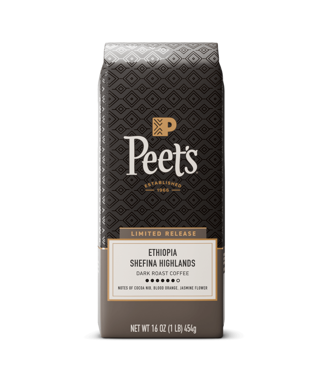 Peet's Ethiopia Shefina Highlands limited release dark roast coffee in a 16 oz bag, featuring a dark brown patterned design with gold and white text.