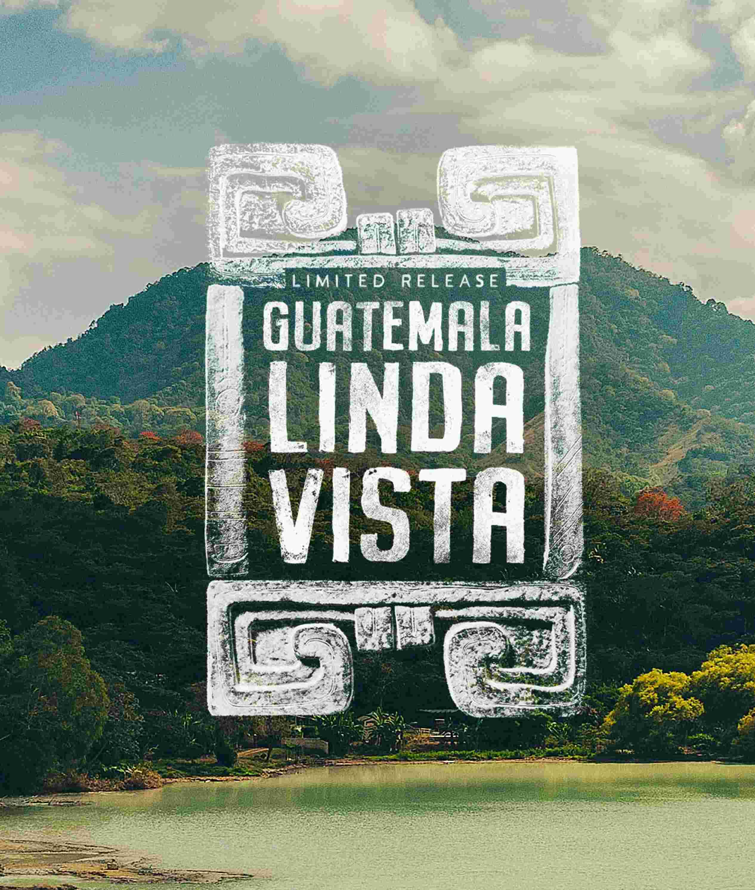 A scenic poster-style image showing a mountain, lake, and cloudy sky with a large central stone-like graphic reading 'GUATEMALA LINDA VISTA' and smaller text 'LIMITED RELEASE'. This appears to be the artwork itself rather than a photographed physical product in a studio or lifestyle setting, so Scenery fits best because the depicted landscape scene is the product being shown/sold as art or cover art.