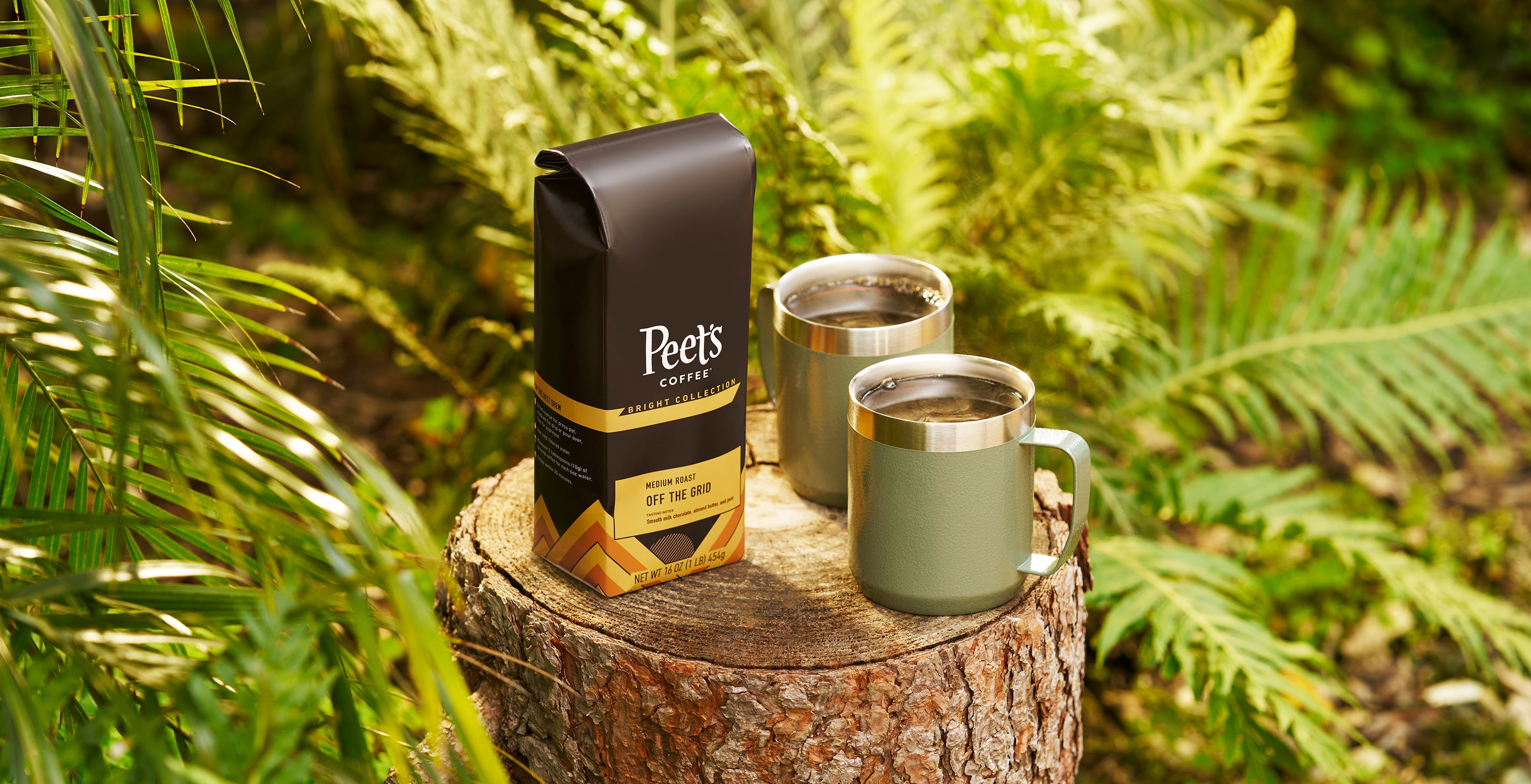 Bag of coffee beans next to two green travel mugs on top of a tree stump in the forrest