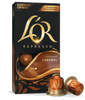 Lör Espresso Caramel capsules packaging with two capsules in front on a white background
