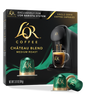 LöR Coffee Château Blend packaging with coffee capsule and coffee machine illustration.