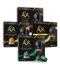 Four boxes of L'OR Coffee capsules with different blends on a white background
