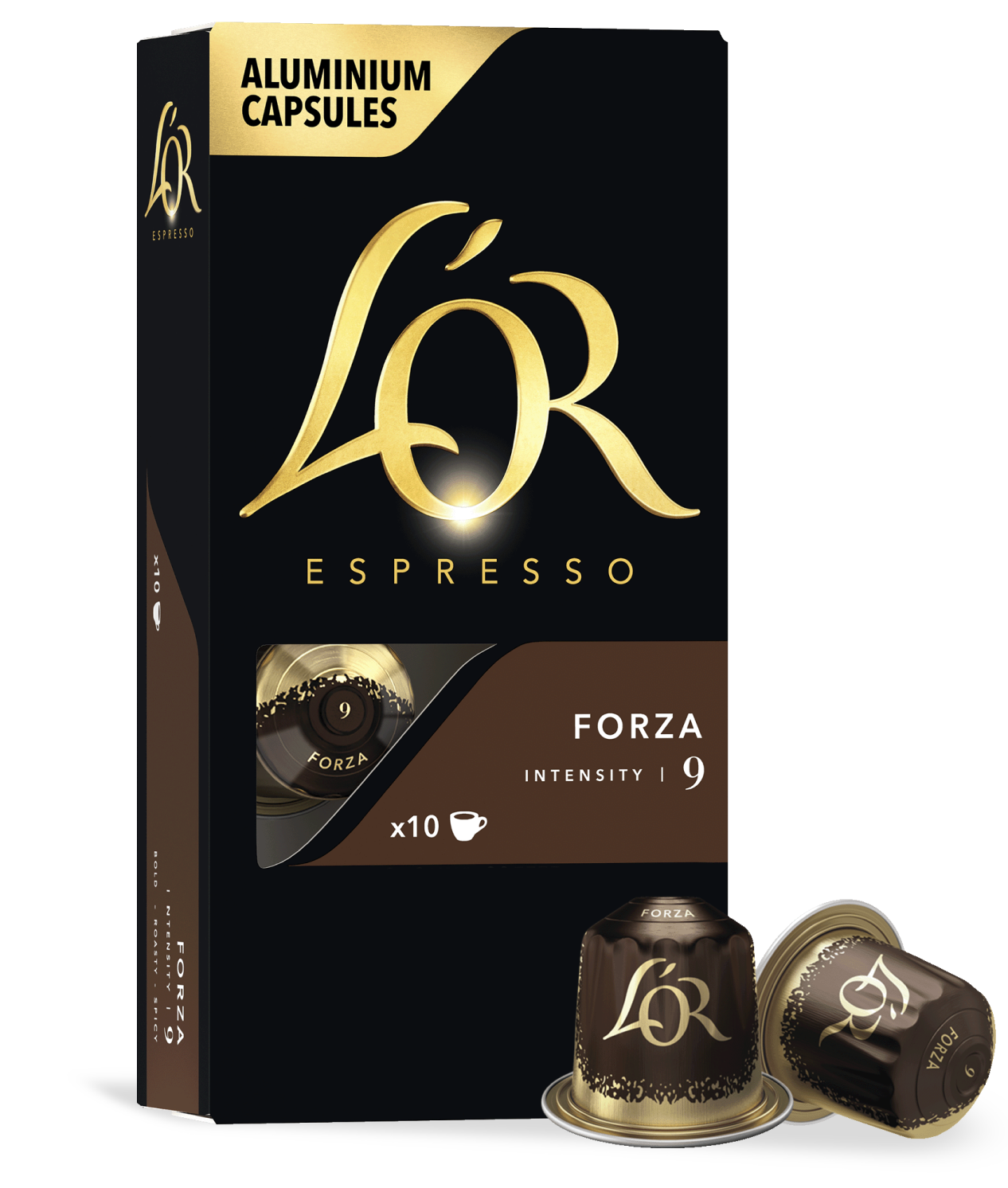 LoR Espresso capsules packaging with two capsules on a white background