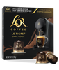 Lér Coffee Le Tigre Dark Roast packaging with coffee machine and cup on a white background