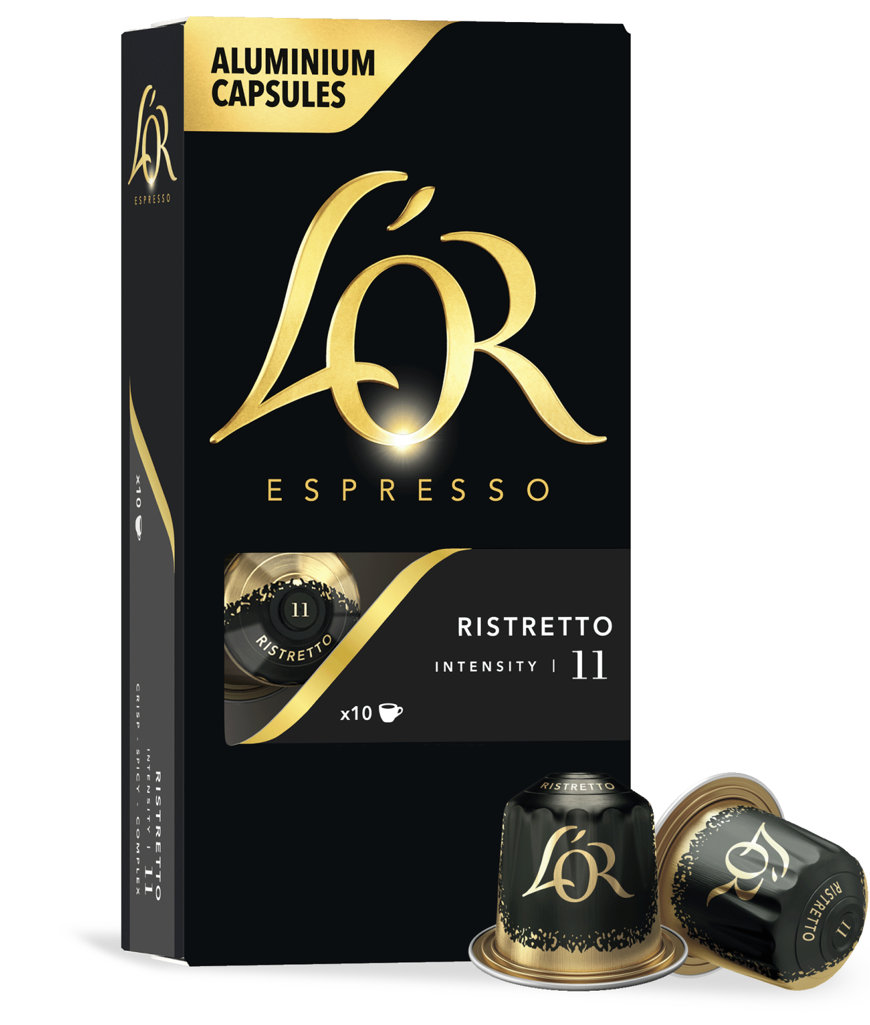 LöR Espresso aluminium capsules packaging with two capsules on a white background