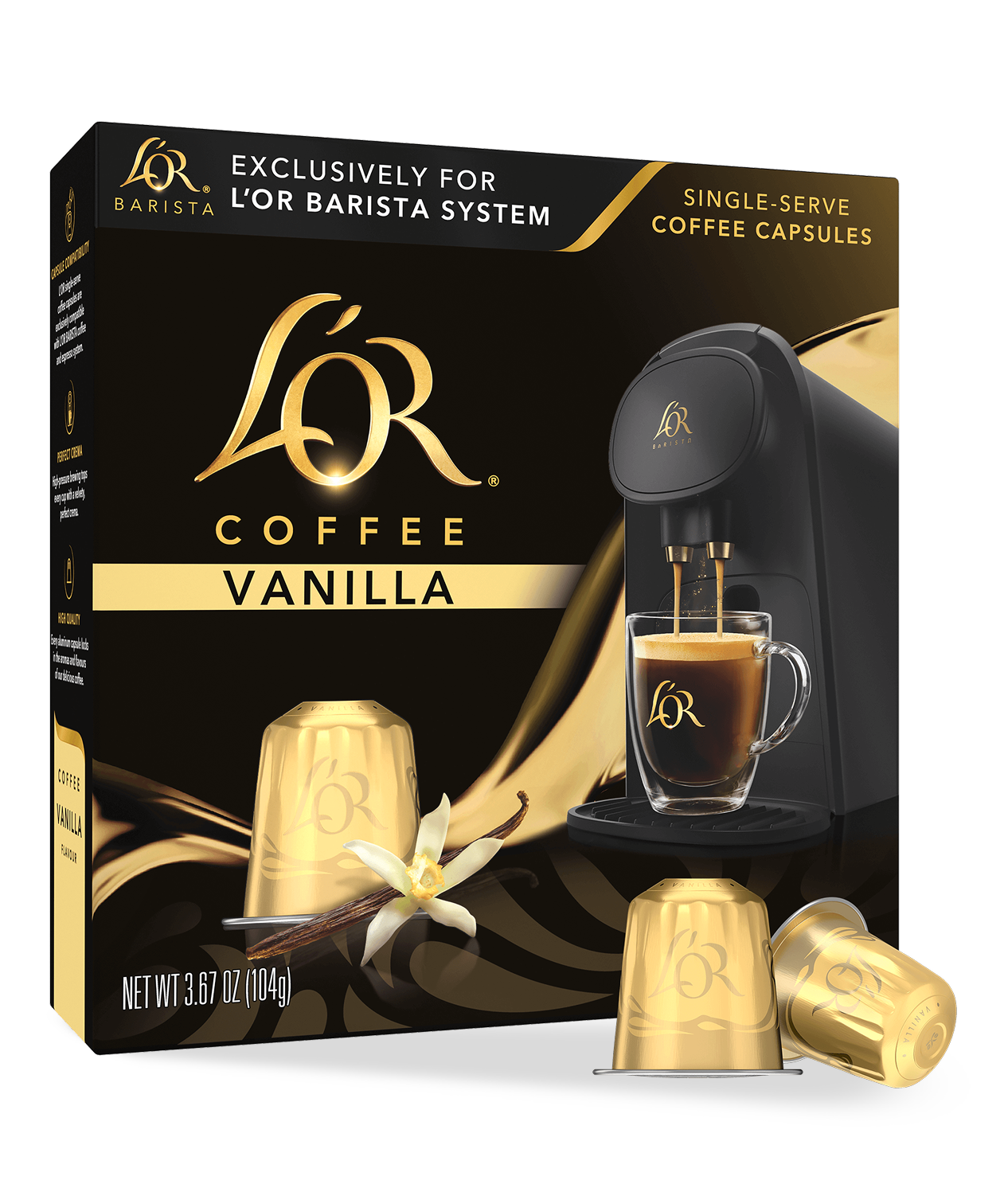 LoR Coffee Vanilla single-serve coffee capsules packaging with coffee machine and cup on a white background