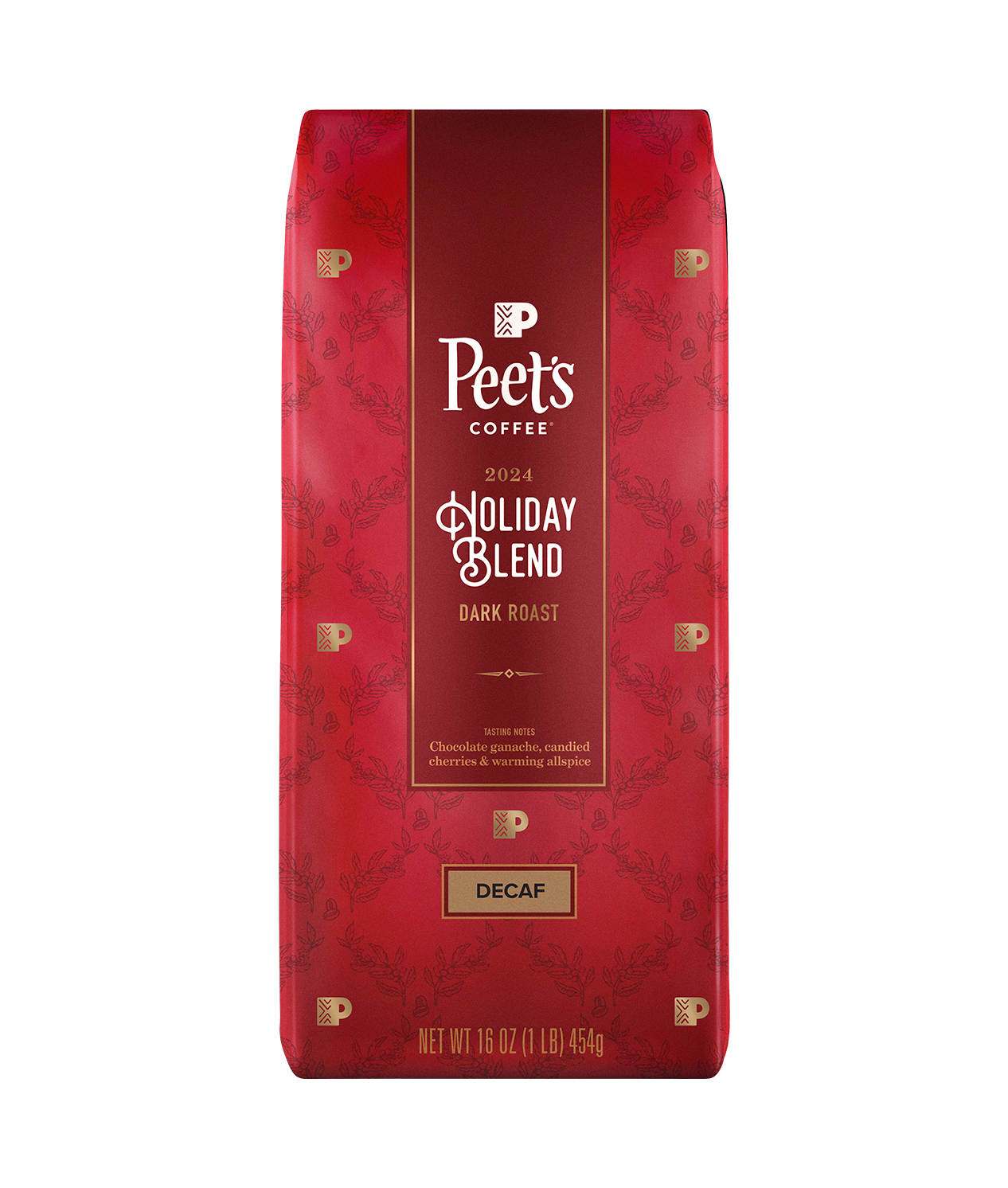 Peet's Coffee Holiday Blend Decaf in a red holiday bag