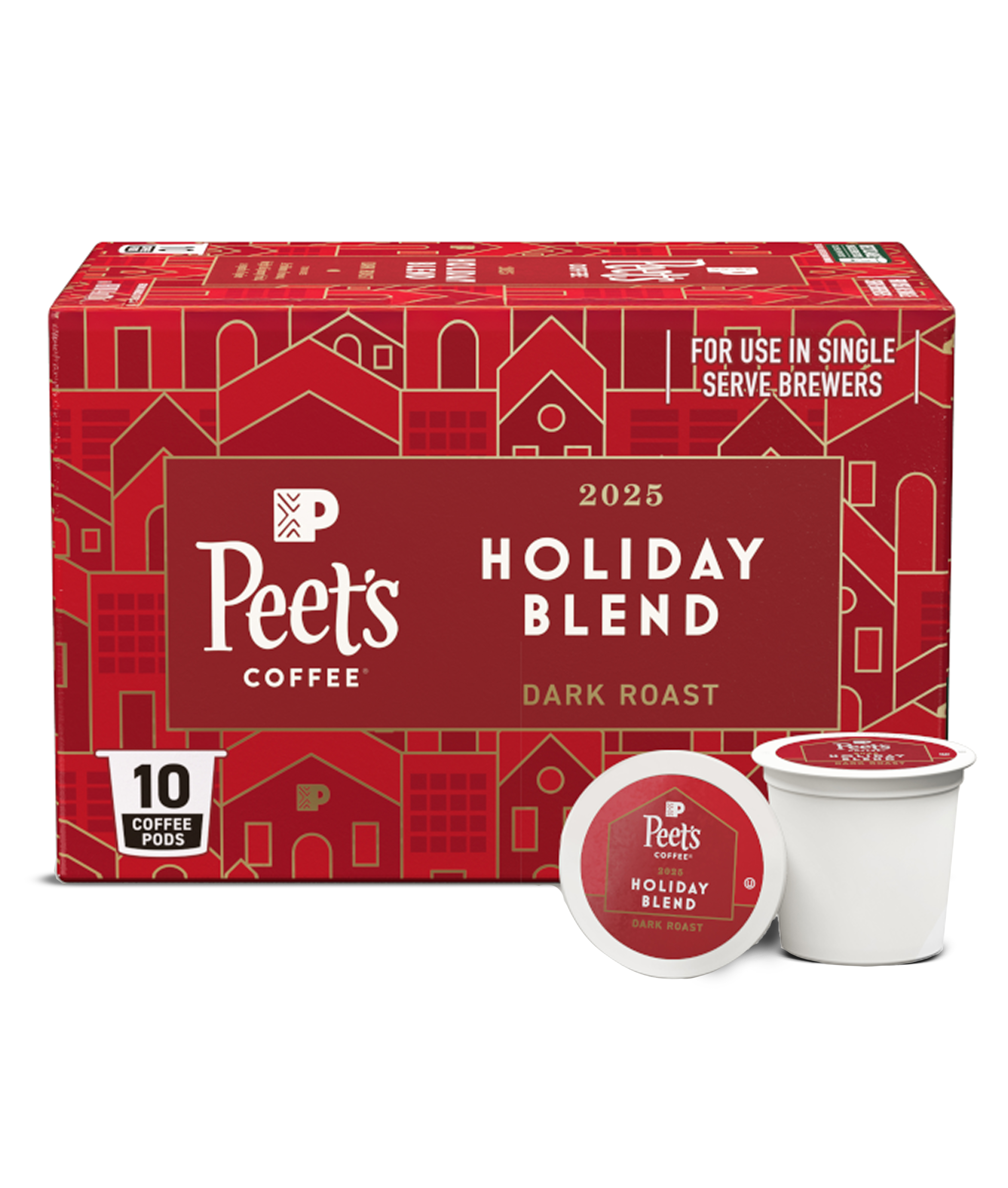 Peet's 2025 Coffee Holiday Blend coffee pods packaging on a white background