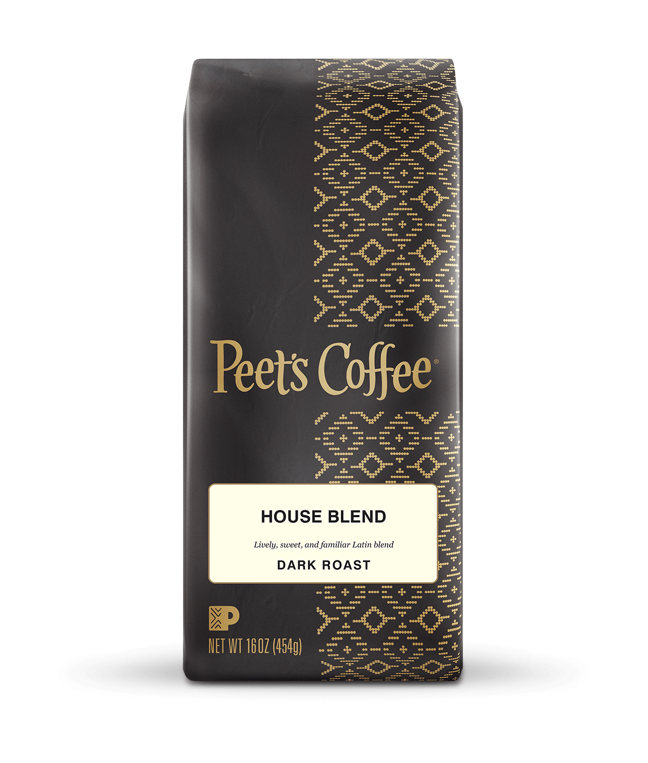 Peet's Coffee House Blend Dark Roast Coffee beans in a brown 16 ounce bag