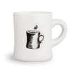 An white coffee mug with and black and white illustration of a person doing a cannoball into a cup of coffee.